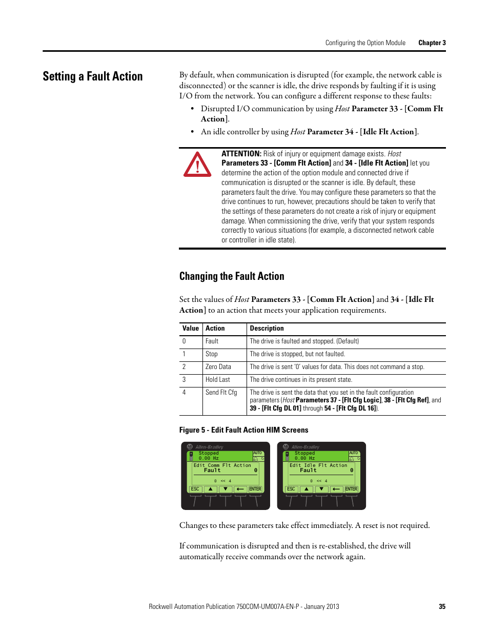 Setting a fault action, Changing the fault action | Rockwell Automation 20-750-PNET2P Profinet Dual Port Option Module User Manual | Page 35 / 100