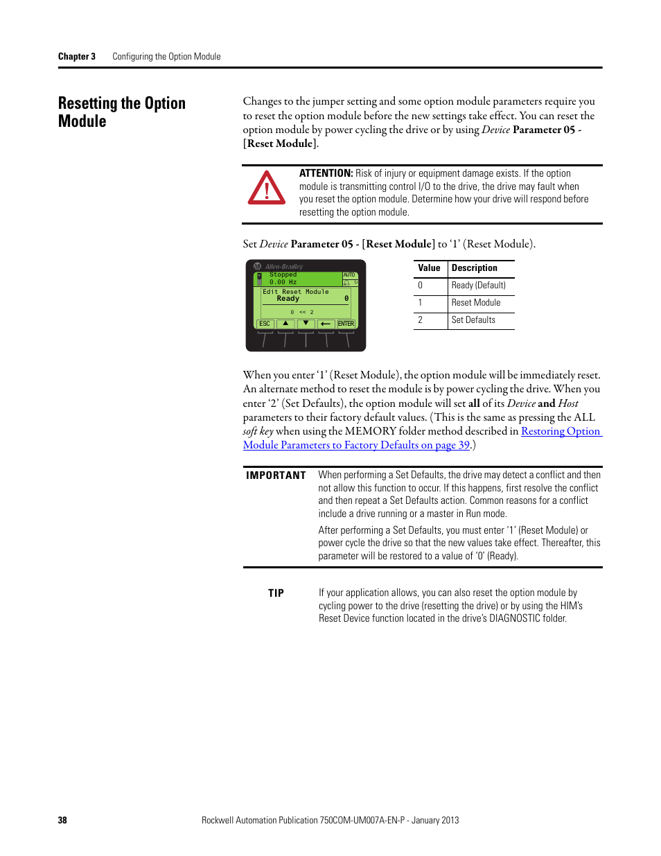 Resetting the option module | Rockwell Automation 20-750-PNET2P Profinet Dual Port Option Module User Manual | Page 38 / 100