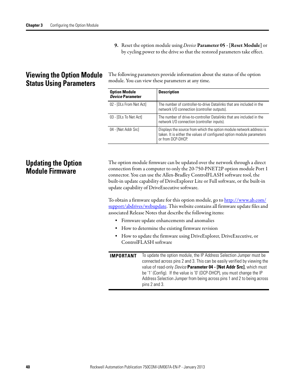 Viewing the option module status using parameters, Updating the option module firmware | Rockwell Automation 20-750-PNET2P Profinet Dual Port Option Module User Manual | Page 40 / 100