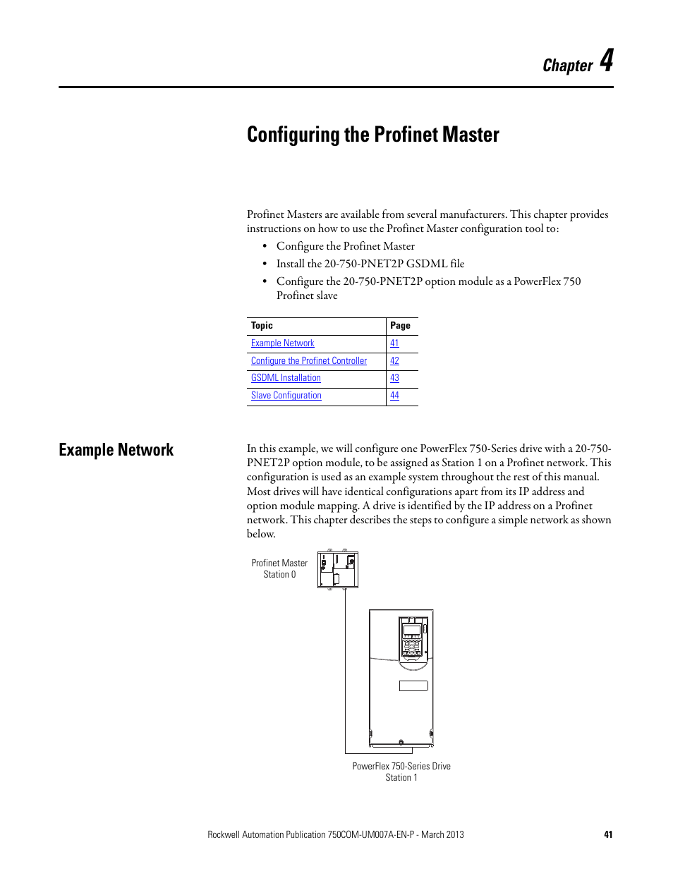 Chapter 4, Configuring the profinet master, Example network | For mor | Rockwell Automation 20-750-PNET2P Profinet Dual Port Option Module User Manual | Page 41 / 100