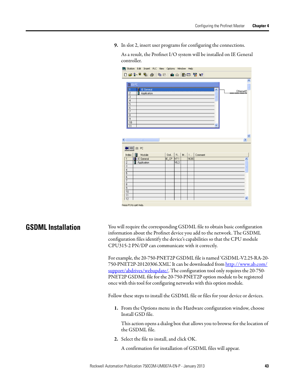 Gsdml installation | Rockwell Automation 20-750-PNET2P Profinet Dual Port Option Module User Manual | Page 43 / 100