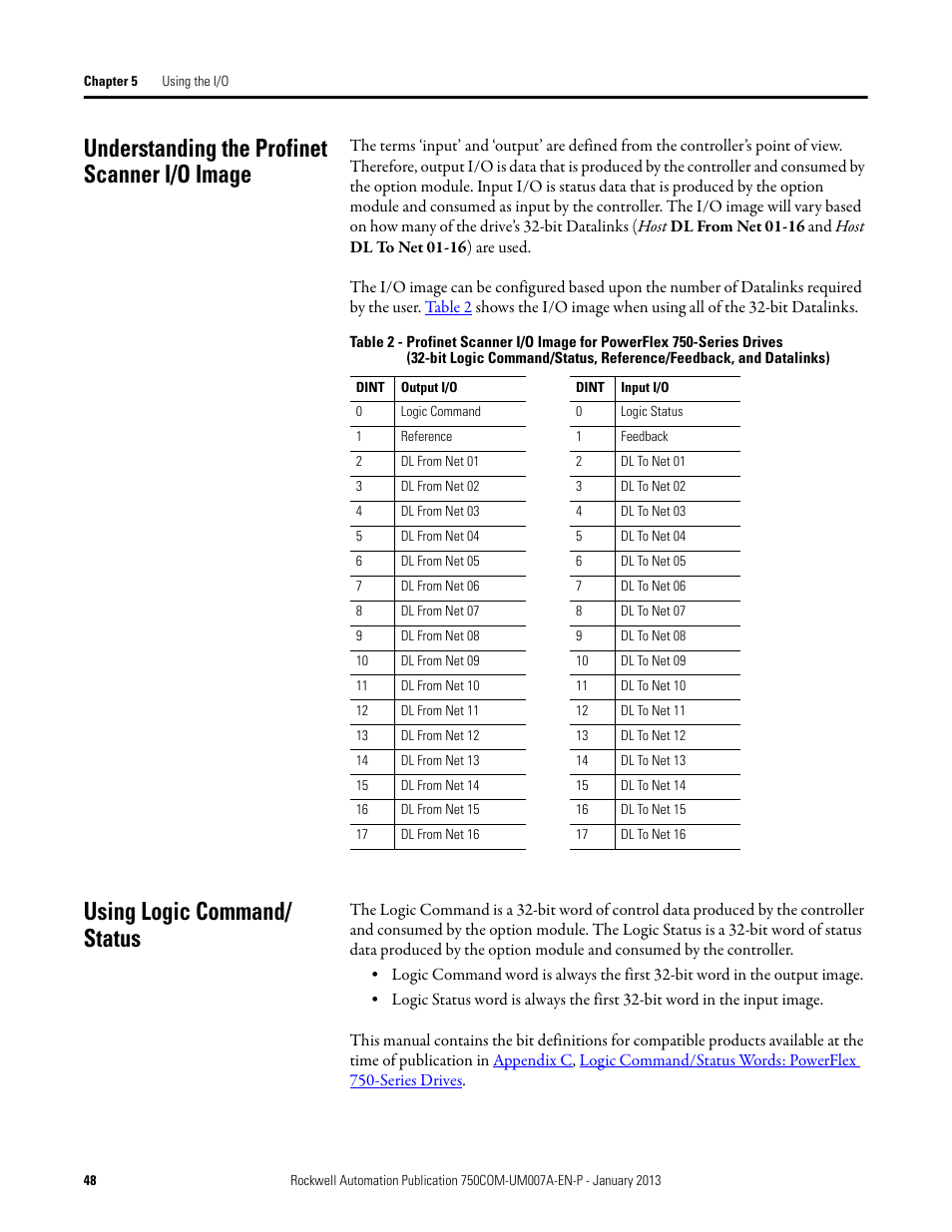 Understanding the profinet scanner i/o image, Using logic command/ status, Using logic command/status | Rockwell Automation 20-750-PNET2P Profinet Dual Port Option Module User Manual | Page 48 / 100