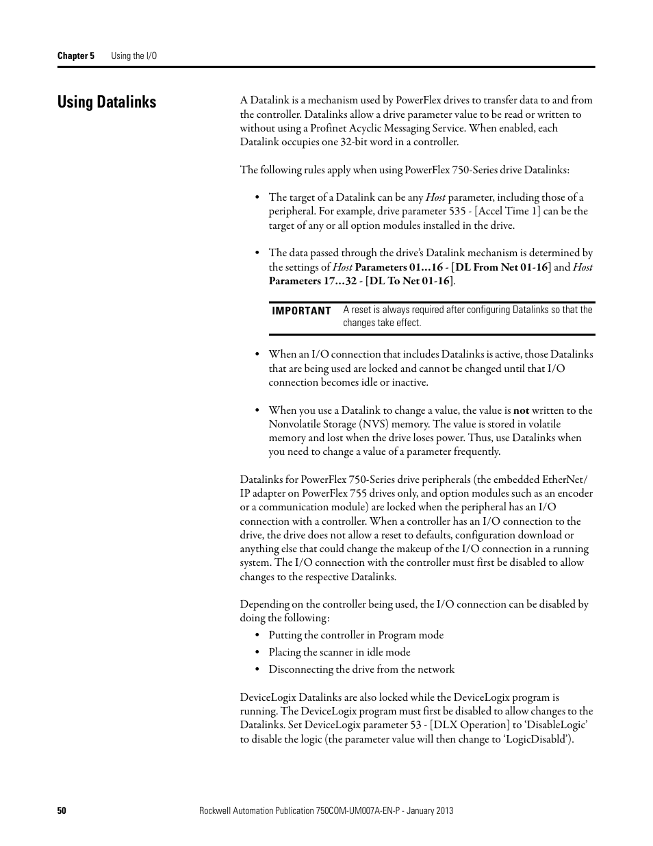 Using datalinks | Rockwell Automation 20-750-PNET2P Profinet Dual Port Option Module User Manual | Page 50 / 100