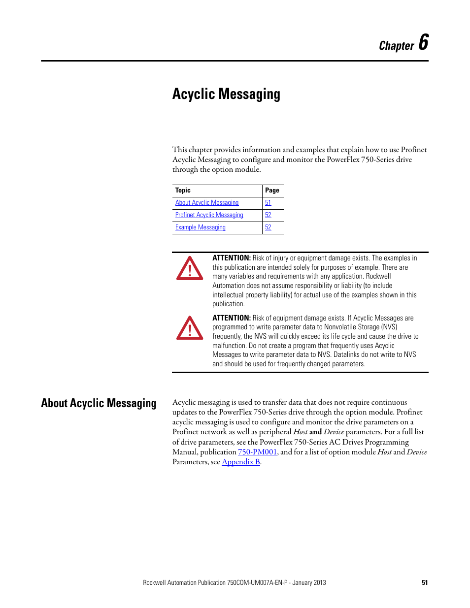 Chapter 6, Acyclic messaging, About acyclic messaging | Rockwell Automation 20-750-PNET2P Profinet Dual Port Option Module User Manual | Page 51 / 100