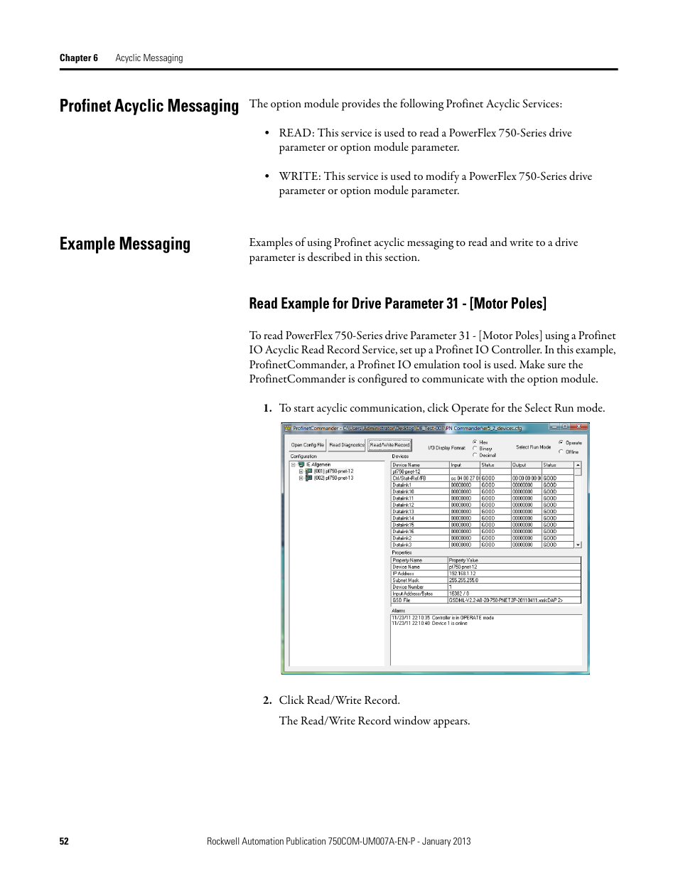 Profinet acyclic messaging, Example messaging, Read example for drive parameter 31 - [motor poles | Profinet acyclic messaging example messaging | Rockwell Automation 20-750-PNET2P Profinet Dual Port Option Module User Manual | Page 52 / 100