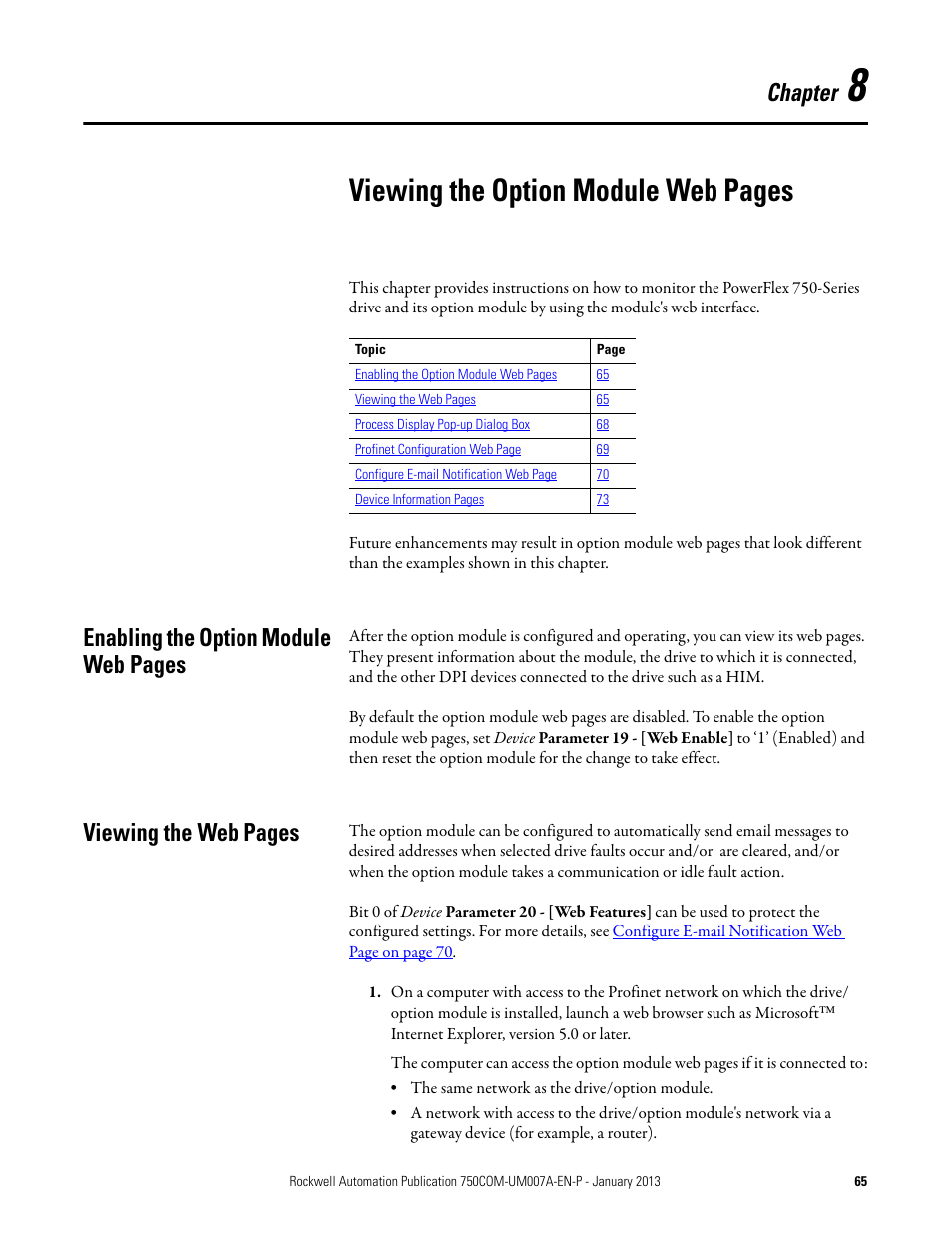 Chapter 8, Viewing the, Viewing the option module web pages | Rockwell Automation 20-750-PNET2P Profinet Dual Port Option Module User Manual | Page 65 / 100