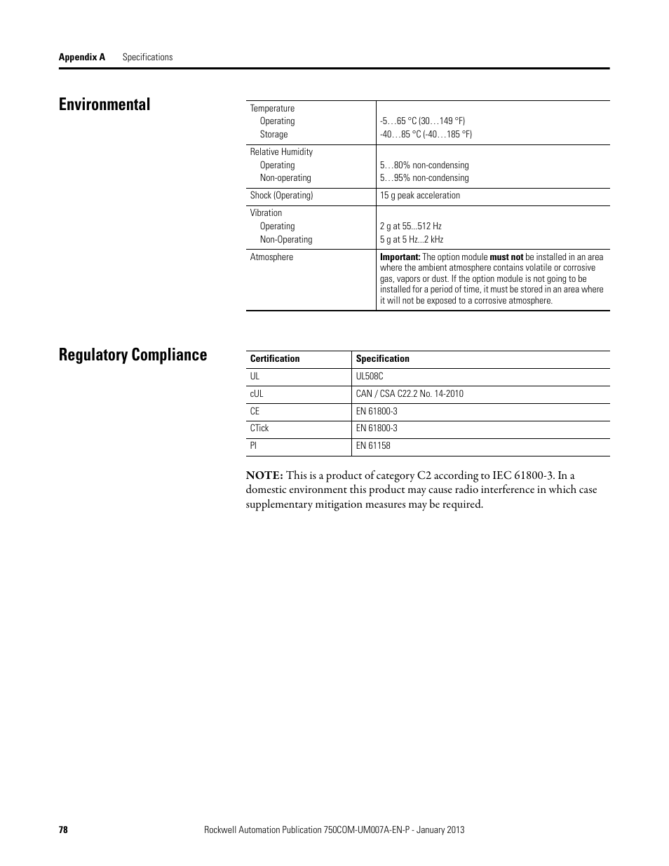 Environmental, Regulatory compliance, Environmental regulatory compliance | Rockwell Automation 20-750-PNET2P Profinet Dual Port Option Module User Manual | Page 78 / 100