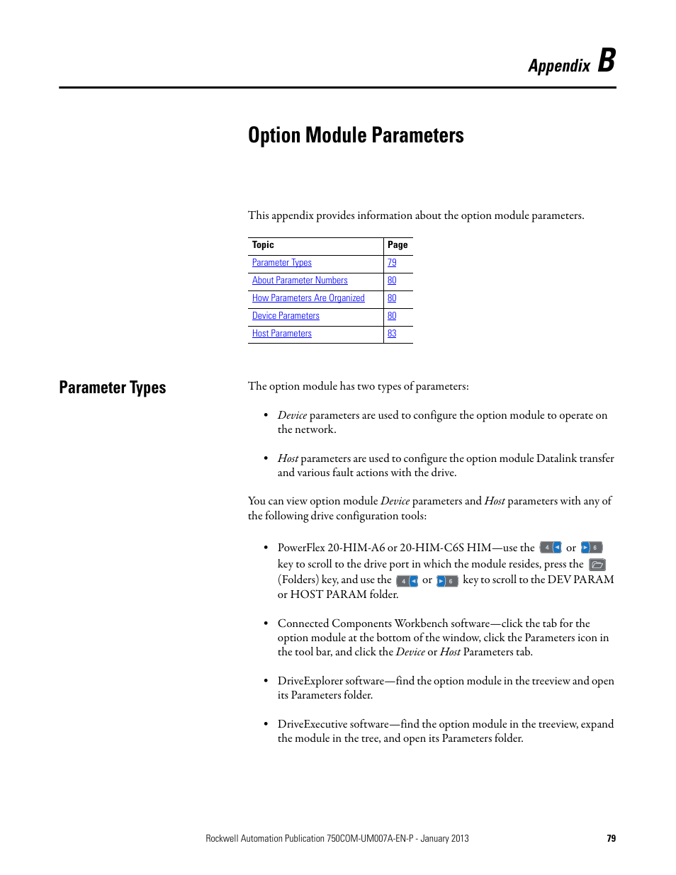 Appendix b, Option module parameters, Parameter types | Rockwell Automation 20-750-PNET2P Profinet Dual Port Option Module User Manual | Page 79 / 100