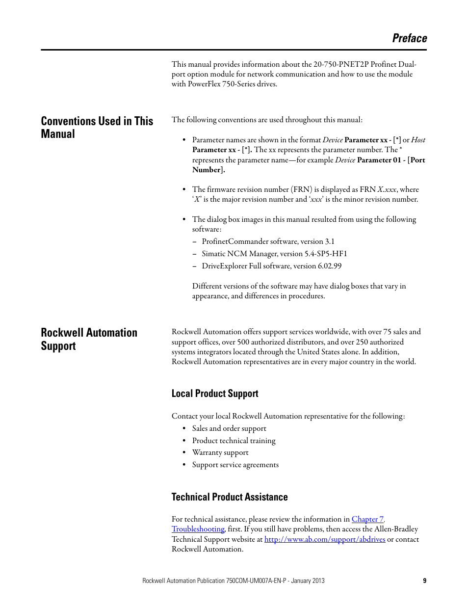 Preface, Conventions used in this manual, Rockwell automation support | Local product support, Technical product assistance | Rockwell Automation 20-750-PNET2P Profinet Dual Port Option Module User Manual | Page 9 / 100