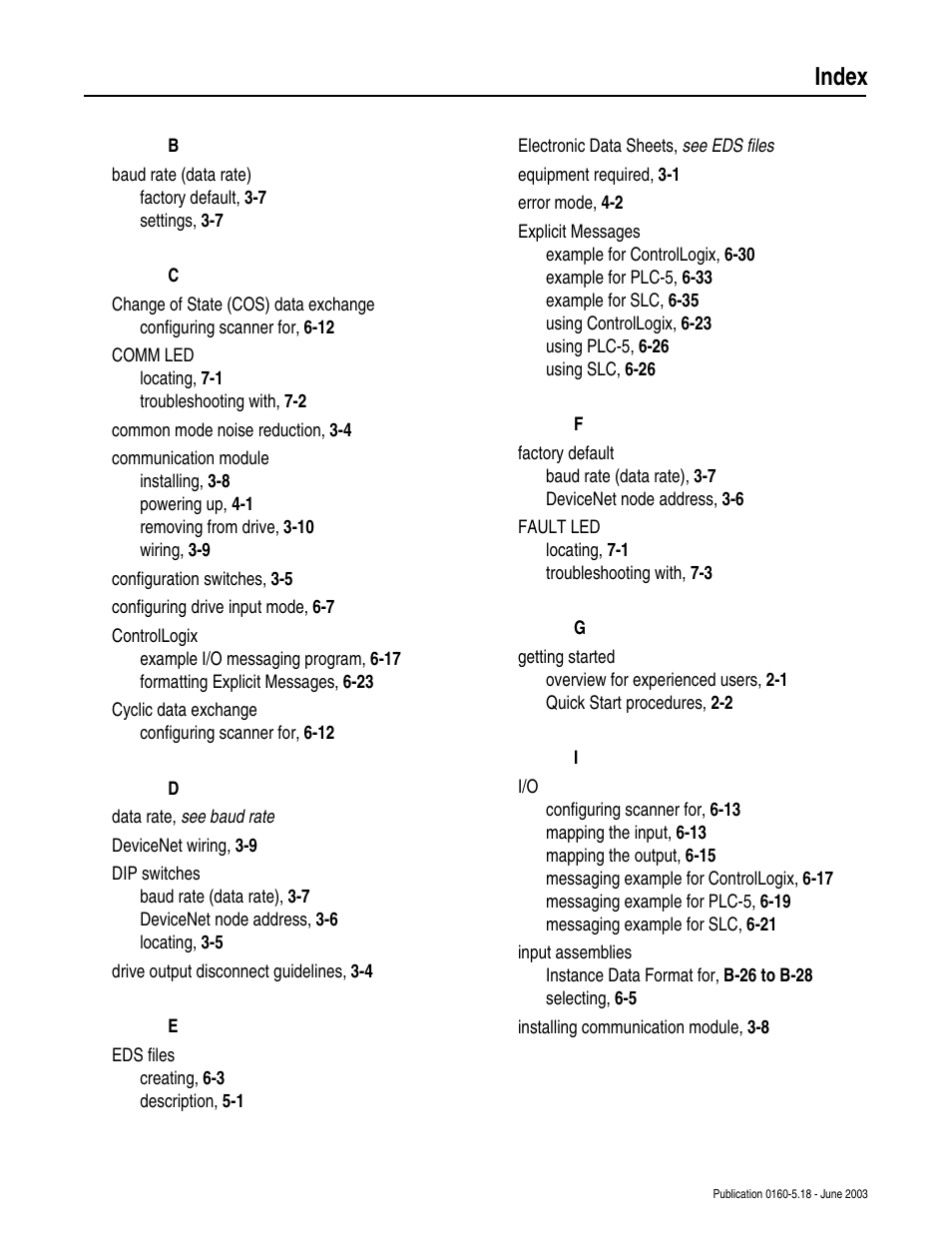 Index | Rockwell Automation 160-DN2 160-DN2 DeviceNet Communication Module FRN 3.xx User Manual | Page 113 / 116