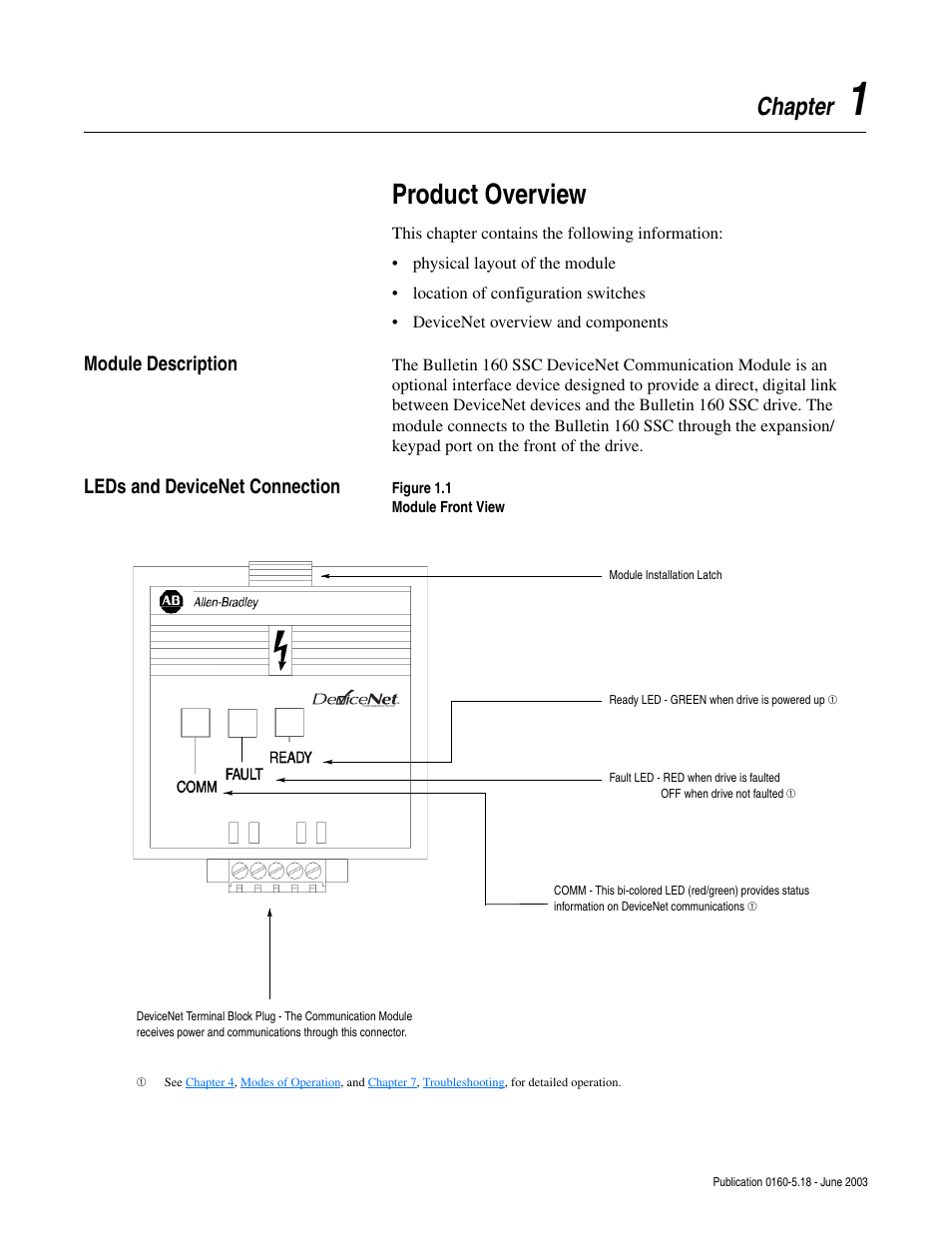 Chapter 1, Product overview, Module description | Leds and devicenet connection, Chapter | Rockwell Automation 160-DN2 160-DN2 DeviceNet Communication Module FRN 3.xx User Manual | Page 13 / 116