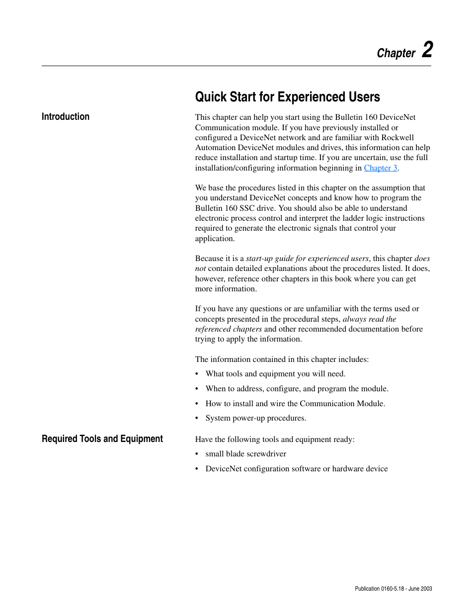 Chapter 2, Quick start for experienced users, Introduction | Required tools and equipment, Introduction -1 required tools and equipment -1, Chapter | Rockwell Automation 160-DN2 160-DN2 DeviceNet Communication Module FRN 3.xx User Manual | Page 15 / 116