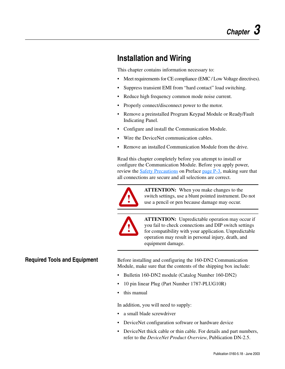 Chapter 3, Installation and wiring, Required tools and equipment | Required tools and equipment -1, Chapter | Rockwell Automation 160-DN2 160-DN2 DeviceNet Communication Module FRN 3.xx User Manual | Page 17 / 116
