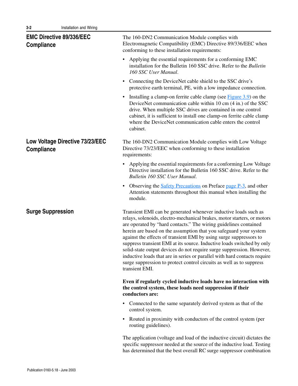 Emc directive 89/336/eec compliance, Low voltage directive 73/23/eec compliance, Surge suppression | Rockwell Automation 160-DN2 160-DN2 DeviceNet Communication Module FRN 3.xx User Manual | Page 18 / 116