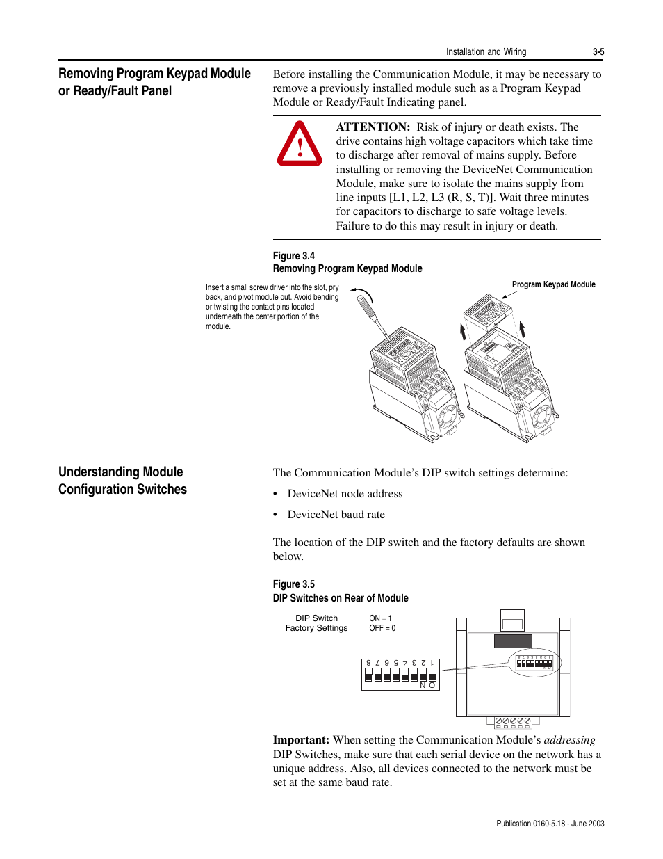 Understanding module configuration switches, Figure 3.4 removing program keypad module, Figure 3.5 dip switches on rear of module | Installation and wiring 3-5 | Rockwell Automation 160-DN2 160-DN2 DeviceNet Communication Module FRN 3.xx User Manual | Page 21 / 116