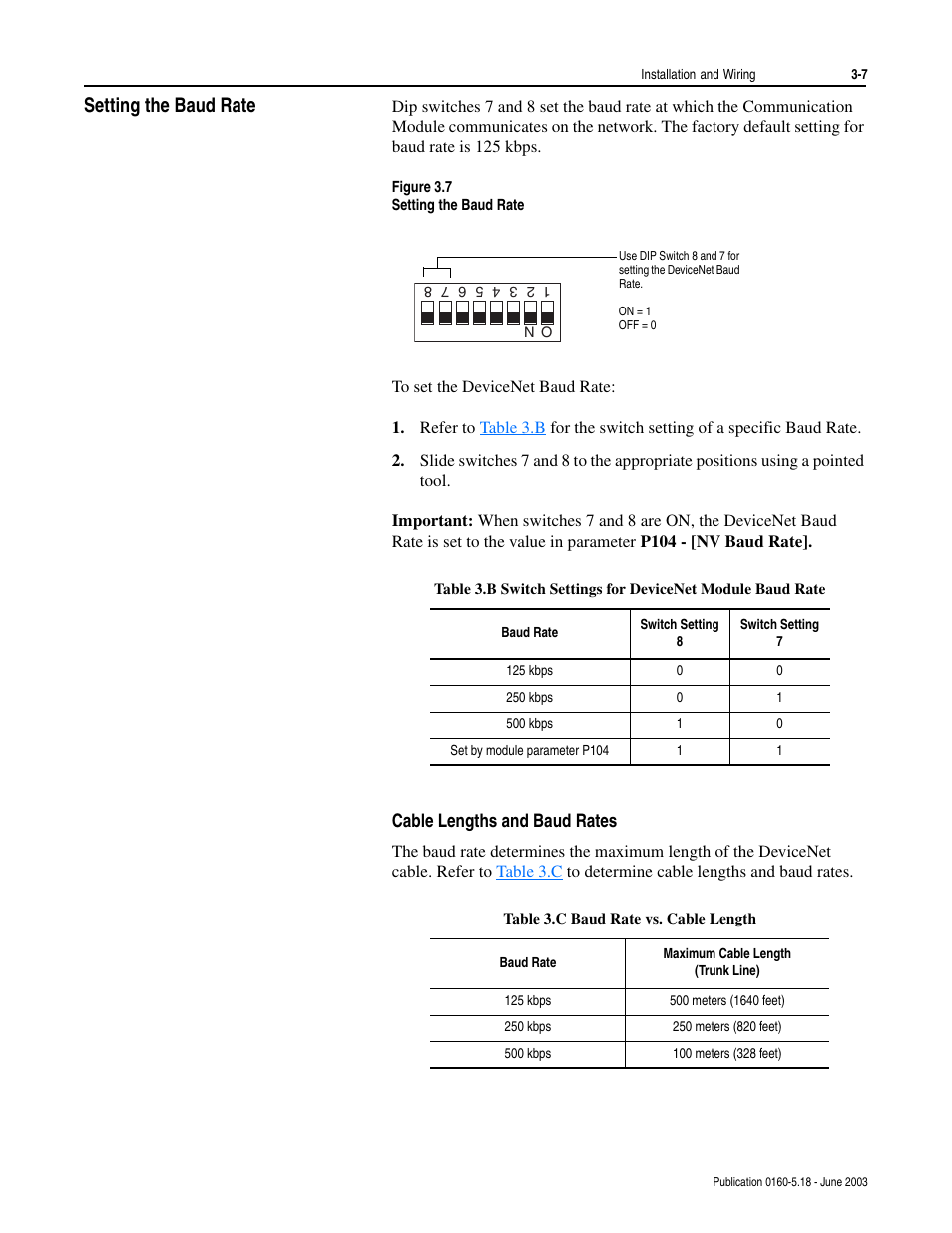Setting the baud rate, Cable lengths and baud rates, Setting the baud rate -7 | Cable lengths and baud rates -7 | Rockwell Automation 160-DN2 160-DN2 DeviceNet Communication Module FRN 3.xx User Manual | Page 23 / 116