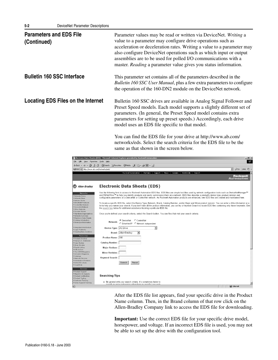 Bulletin 160 ssc interface, Locating eds files on the internet, Locating eds files on the internet -2 | Rockwell Automation 160-DN2 160-DN2 DeviceNet Communication Module FRN 3.xx User Manual | Page 30 / 116