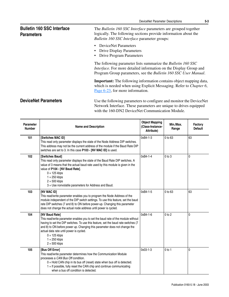 Bulletin 160 ssc interface parameters, Devicenet parameters, Devicenet parameters -3 | Rockwell Automation 160-DN2 160-DN2 DeviceNet Communication Module FRN 3.xx User Manual | Page 31 / 116