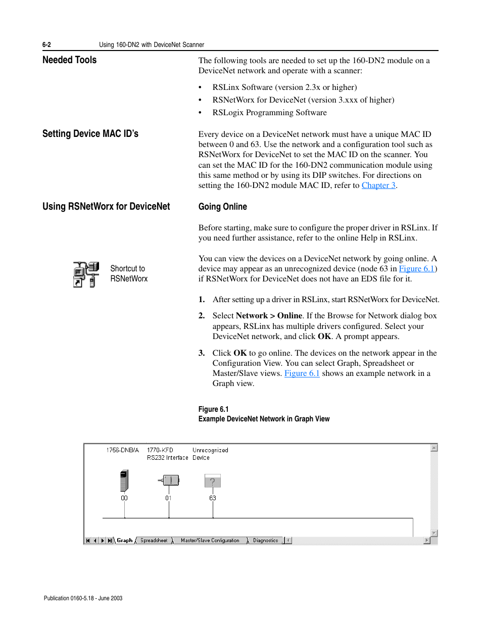 Needed tools, Setting device mac id’s, Using rsnetworx for devicenet | Going online, Going online -2 | Rockwell Automation 160-DN2 160-DN2 DeviceNet Communication Module FRN 3.xx User Manual | Page 40 / 116