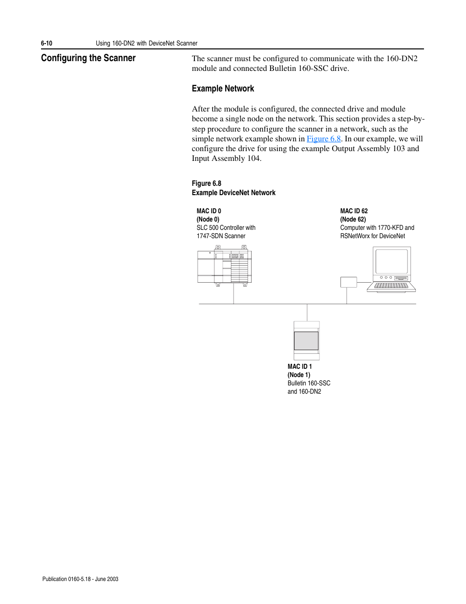 Configuring the scanner, Example network, Configuring the scanner -10 | Example network -10 | Rockwell Automation 160-DN2 160-DN2 DeviceNet Communication Module FRN 3.xx User Manual | Page 48 / 116