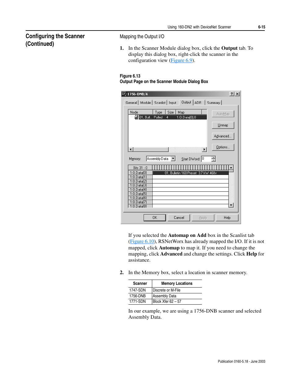 Mapping the output i/o, Configuring the scanner (continued) | Rockwell Automation 160-DN2 160-DN2 DeviceNet Communication Module FRN 3.xx User Manual | Page 53 / 116