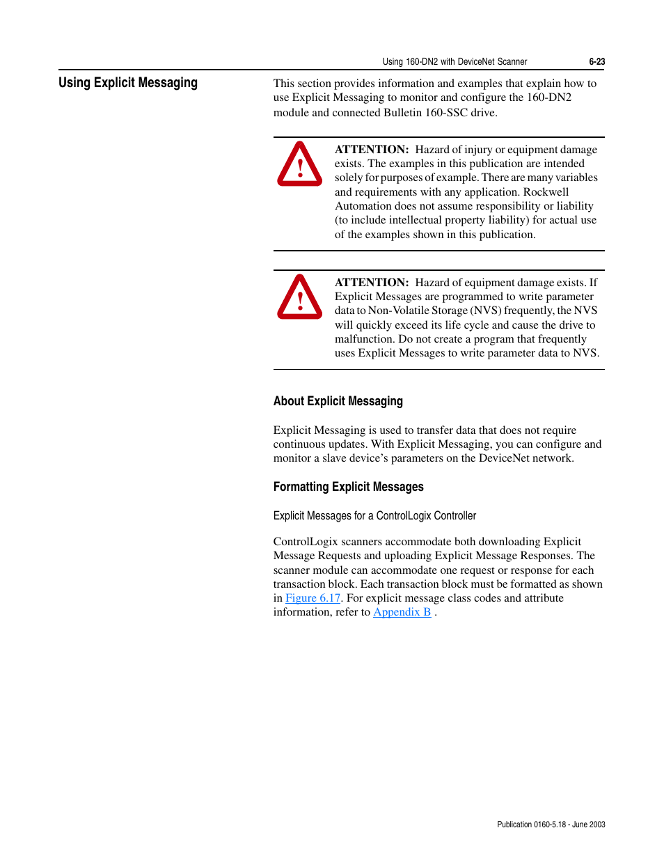 Using explicit messaging, About explicit messaging, Formatting explicit messages | Explicit messages for a controllogix controller, Using explicit messaging -23 | Rockwell Automation 160-DN2 160-DN2 DeviceNet Communication Module FRN 3.xx User Manual | Page 61 / 116