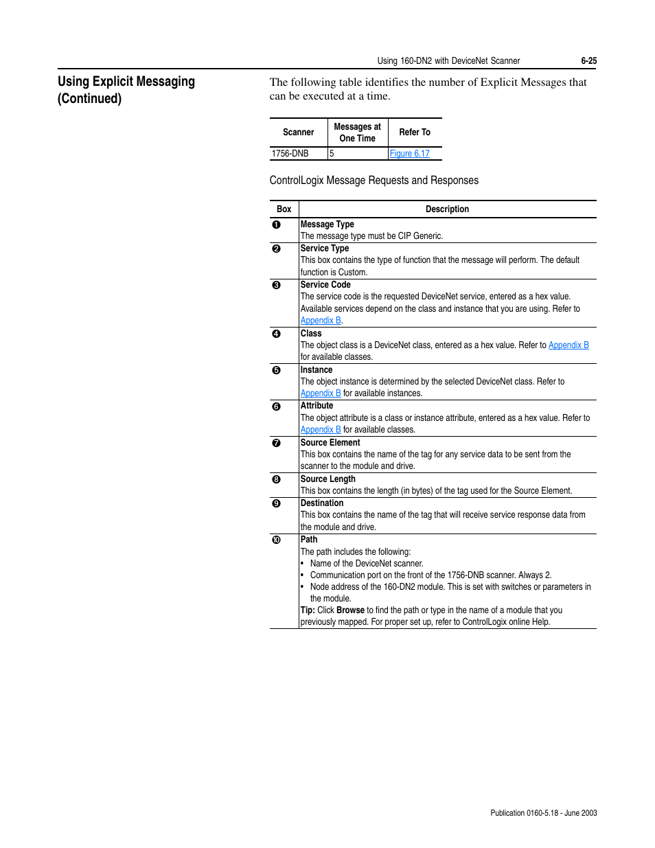 Controllogix message requests and responses, Using explicit messaging (continued) | Rockwell Automation 160-DN2 160-DN2 DeviceNet Communication Module FRN 3.xx User Manual | Page 63 / 116