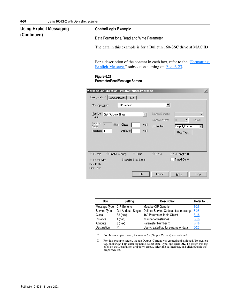 Controllogix example, Using explicit messaging (continued) | Rockwell Automation 160-DN2 160-DN2 DeviceNet Communication Module FRN 3.xx User Manual | Page 68 / 116