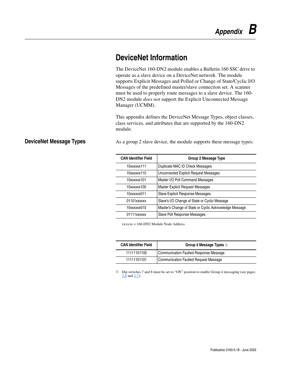 Appendix b, Devicenet information, Devicenet message types | R to, Appendix | Rockwell Automation 160-DN2 160-DN2 DeviceNet Communication Module FRN 3.xx User Manual | Page 83 / 116