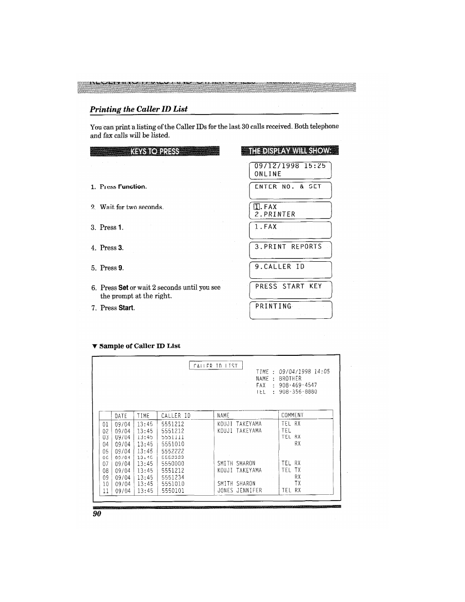 Printing the caller id list, The display will show | Brother MFC7650MC User Manual | Page 102 / 226