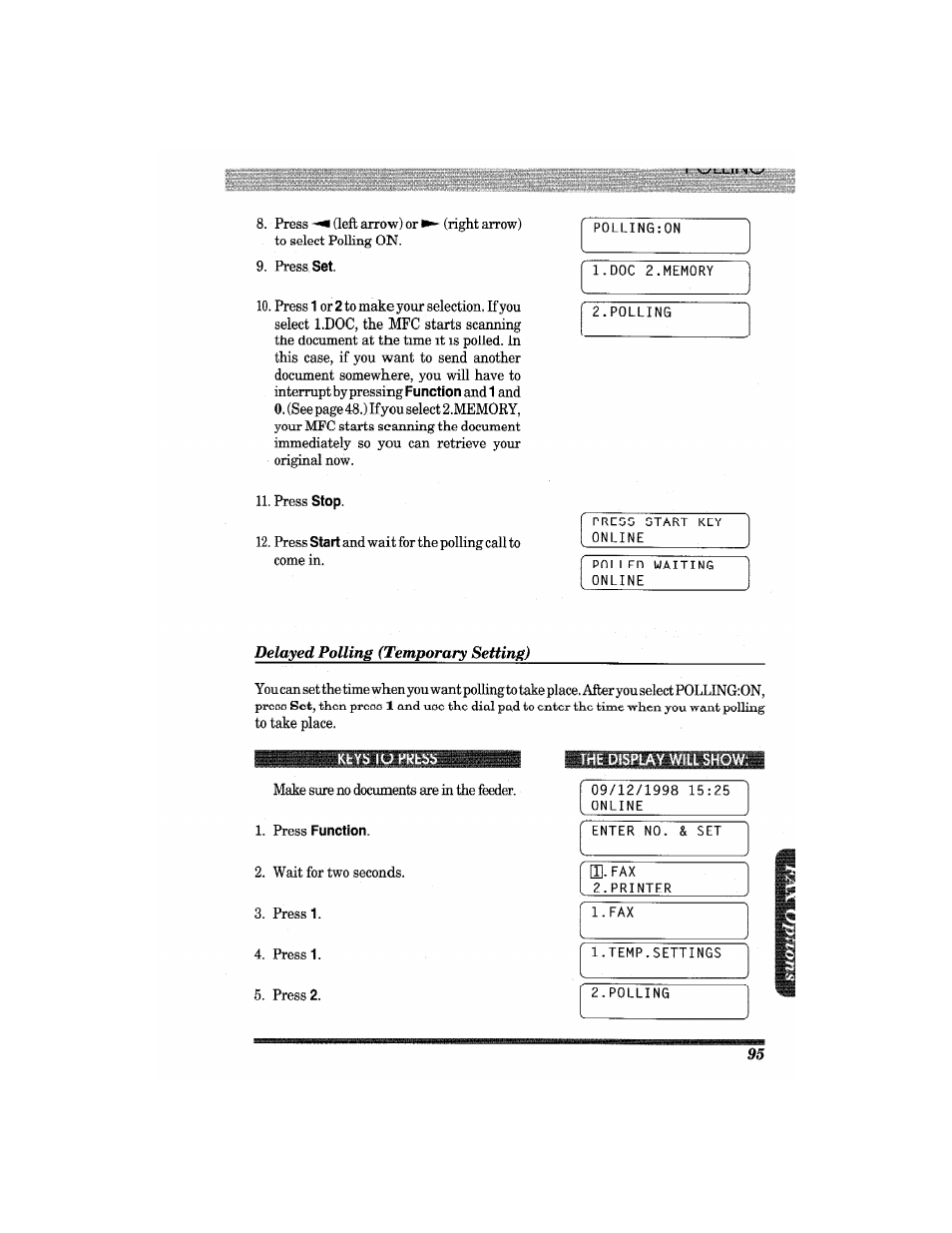 Press stop, Delayed polling (temporary setting), Press function | Irtfc display will show | Brother MFC7650MC User Manual | Page 107 / 226