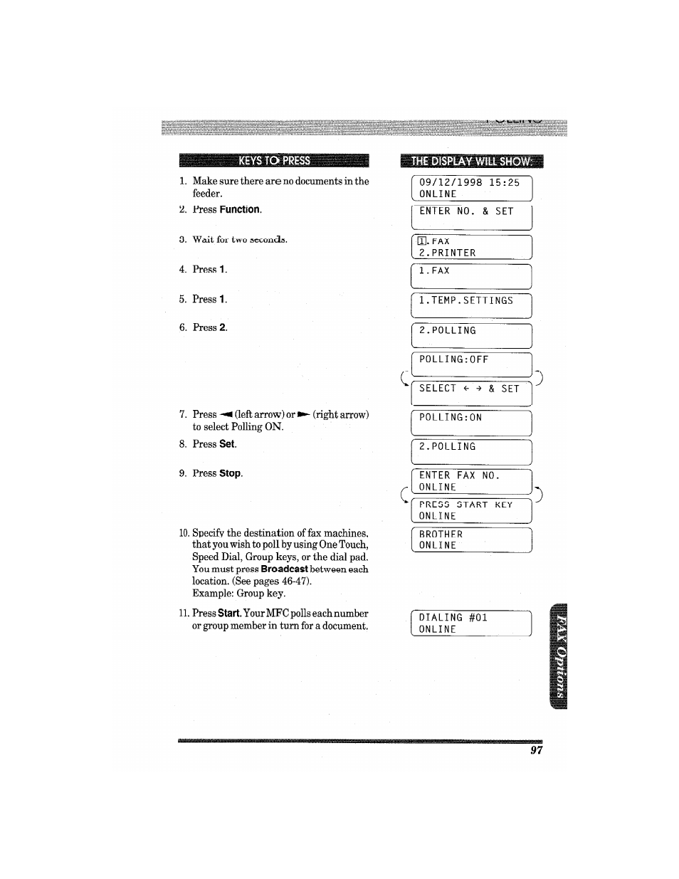 Keys to press, Fress function, The display will show | Brother MFC7650MC User Manual | Page 109 / 226