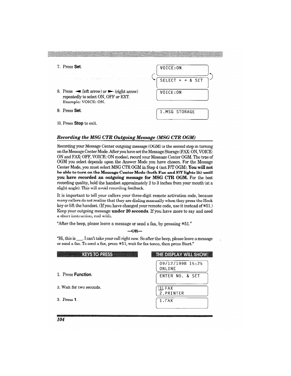 Press set, To press, Press function | Recording the tad’s outgoing message (ogm) | Brother MFC7650MC User Manual | Page 116 / 226