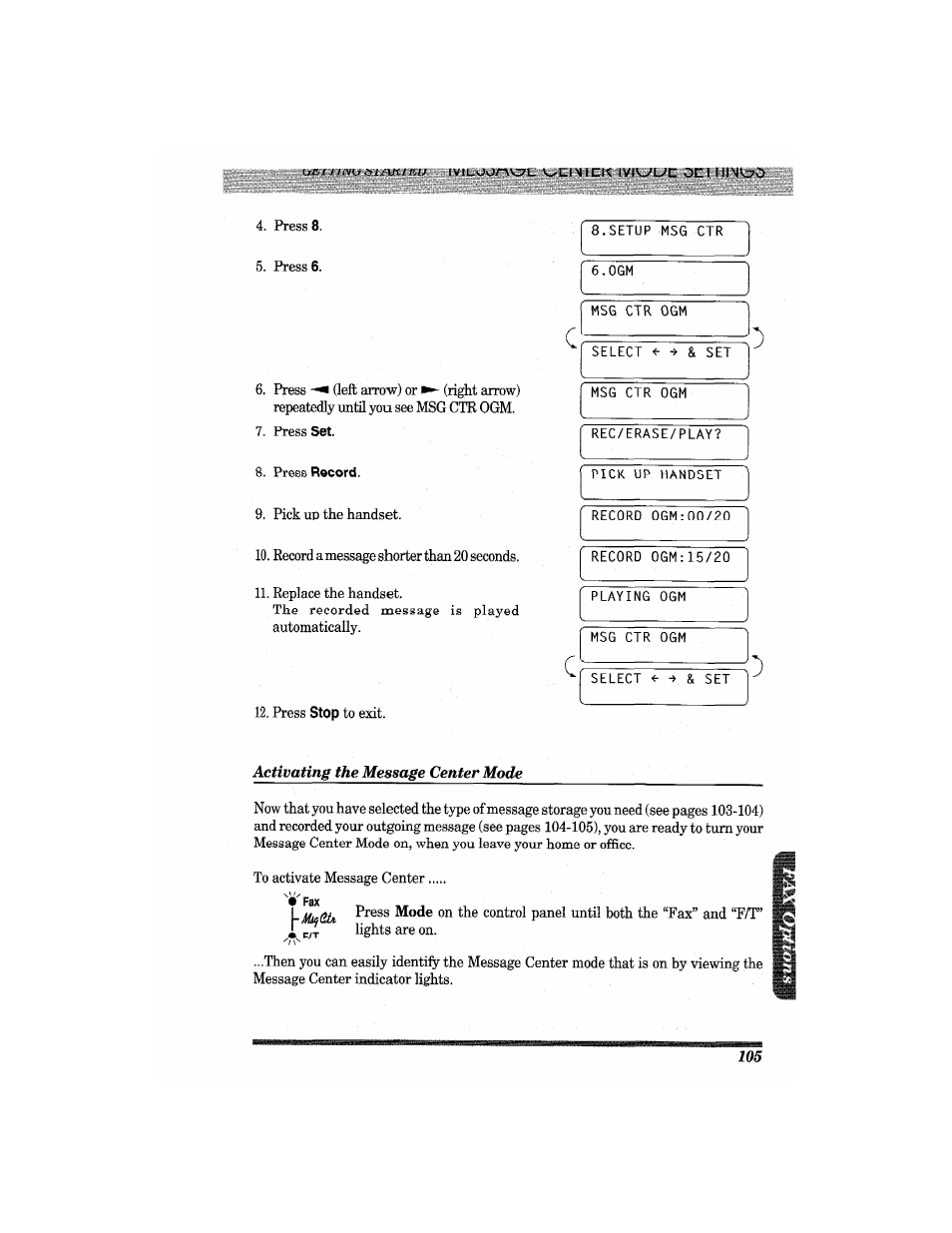 Activating the message center mode | Brother MFC7650MC User Manual | Page 117 / 226