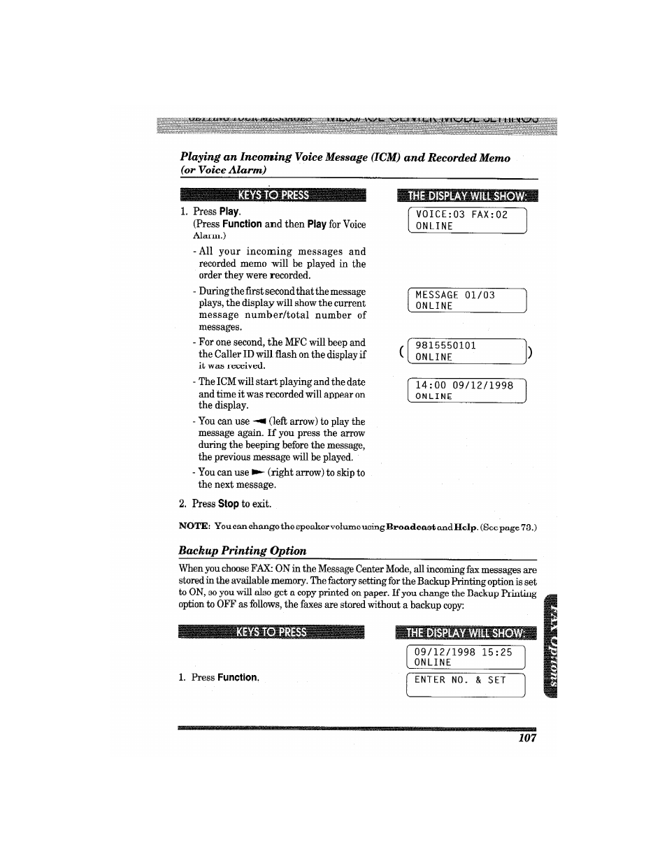 Backup printing option, Press function | Brother MFC7650MC User Manual | Page 119 / 226