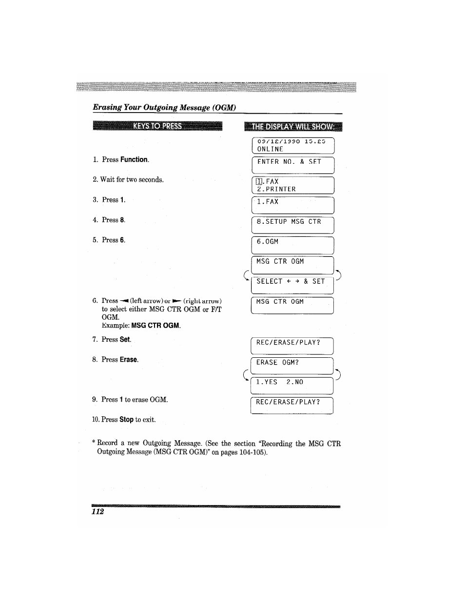 Erasing your outgoing message (ogm), Press function, The display will show | Brother MFC7650MC User Manual | Page 124 / 226