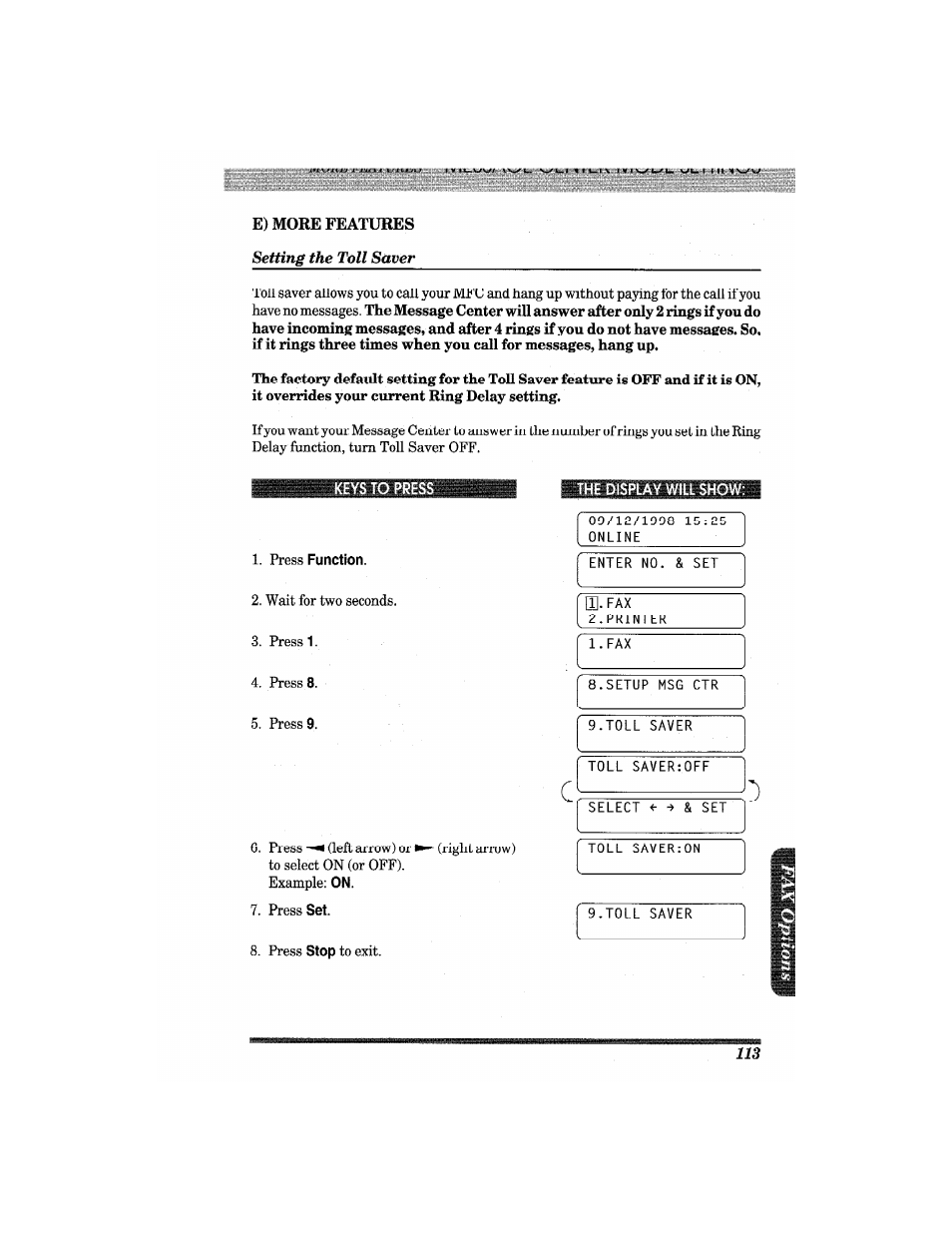 E) more features setting the toll saver, The display will show | Brother MFC7650MC User Manual | Page 125 / 226