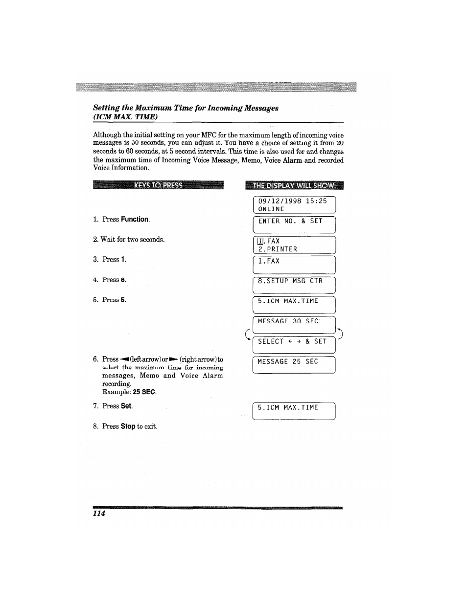 Setting the maximum time for incoming messages, Icm max. time), The display will show | Brother MFC7650MC User Manual | Page 126 / 226