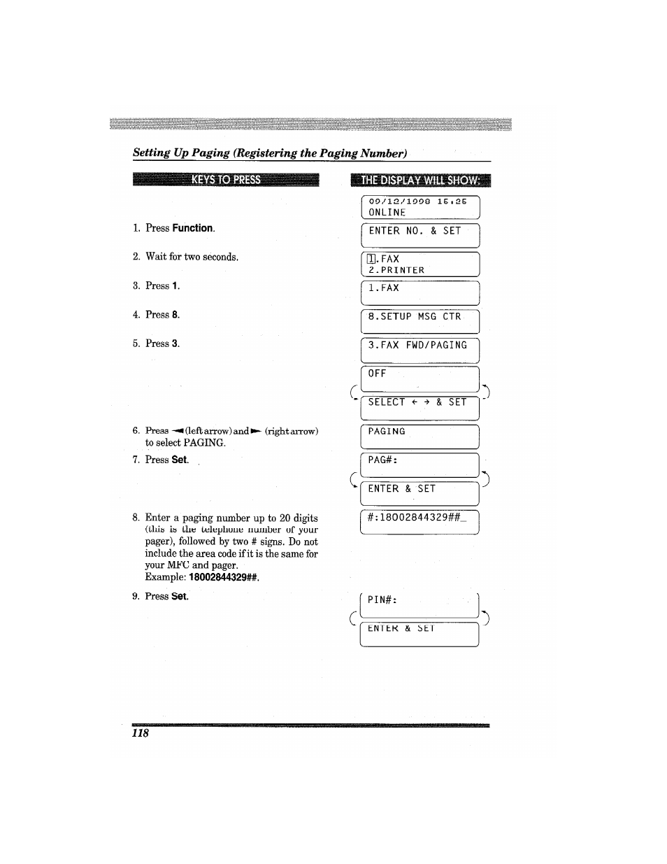 Setting up paging (registering the paging number), Press function, The display will show | Brother MFC7650MC User Manual | Page 130 / 226