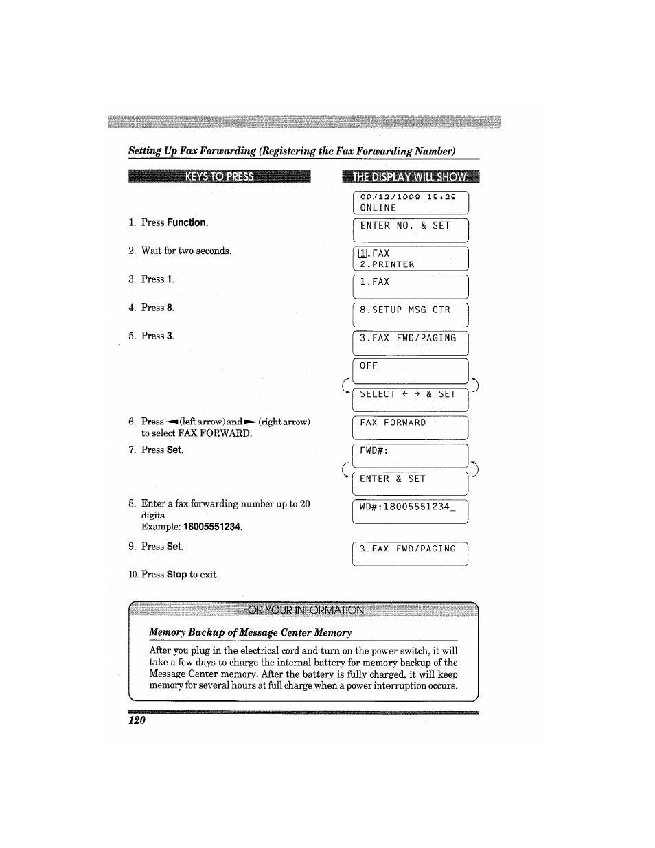 E display will show, Press function | Brother MFC7650MC User Manual | Page 132 / 226