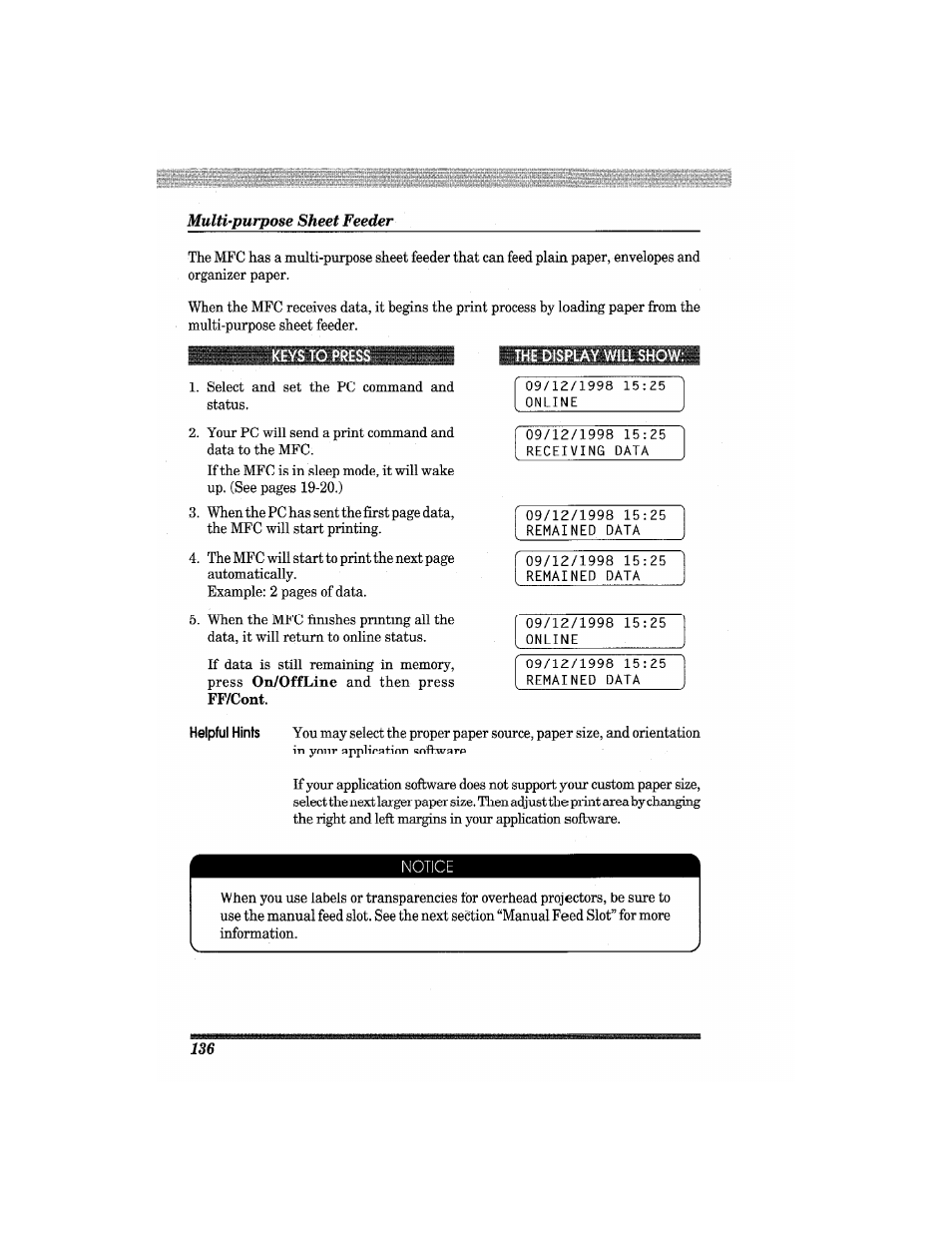 Multi-purpose sheet feeder, Keys to p | Brother MFC7650MC User Manual | Page 148 / 226