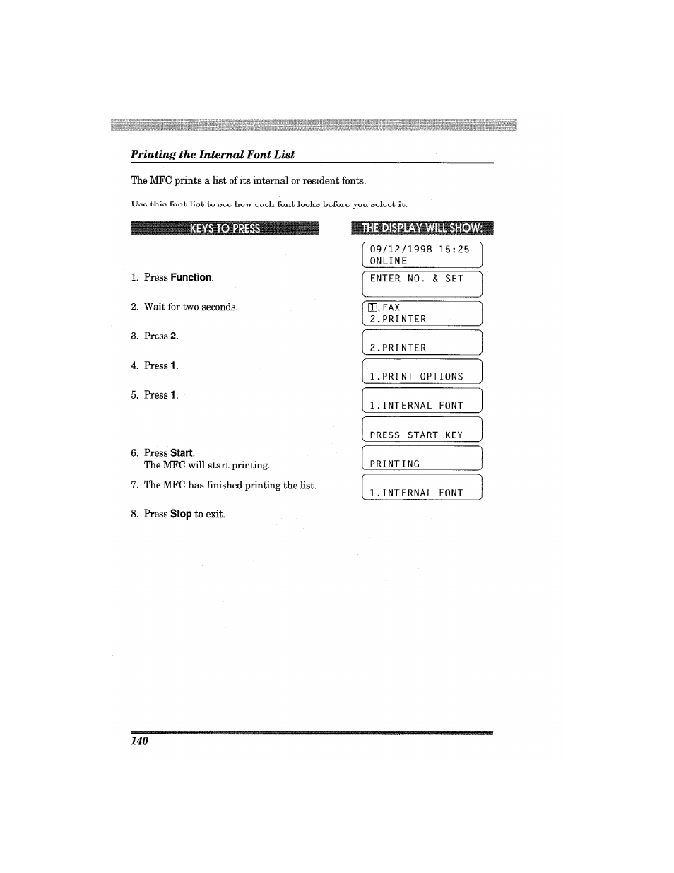The display will show, Printing the internal font list | Brother MFC7650MC User Manual | Page 152 / 226