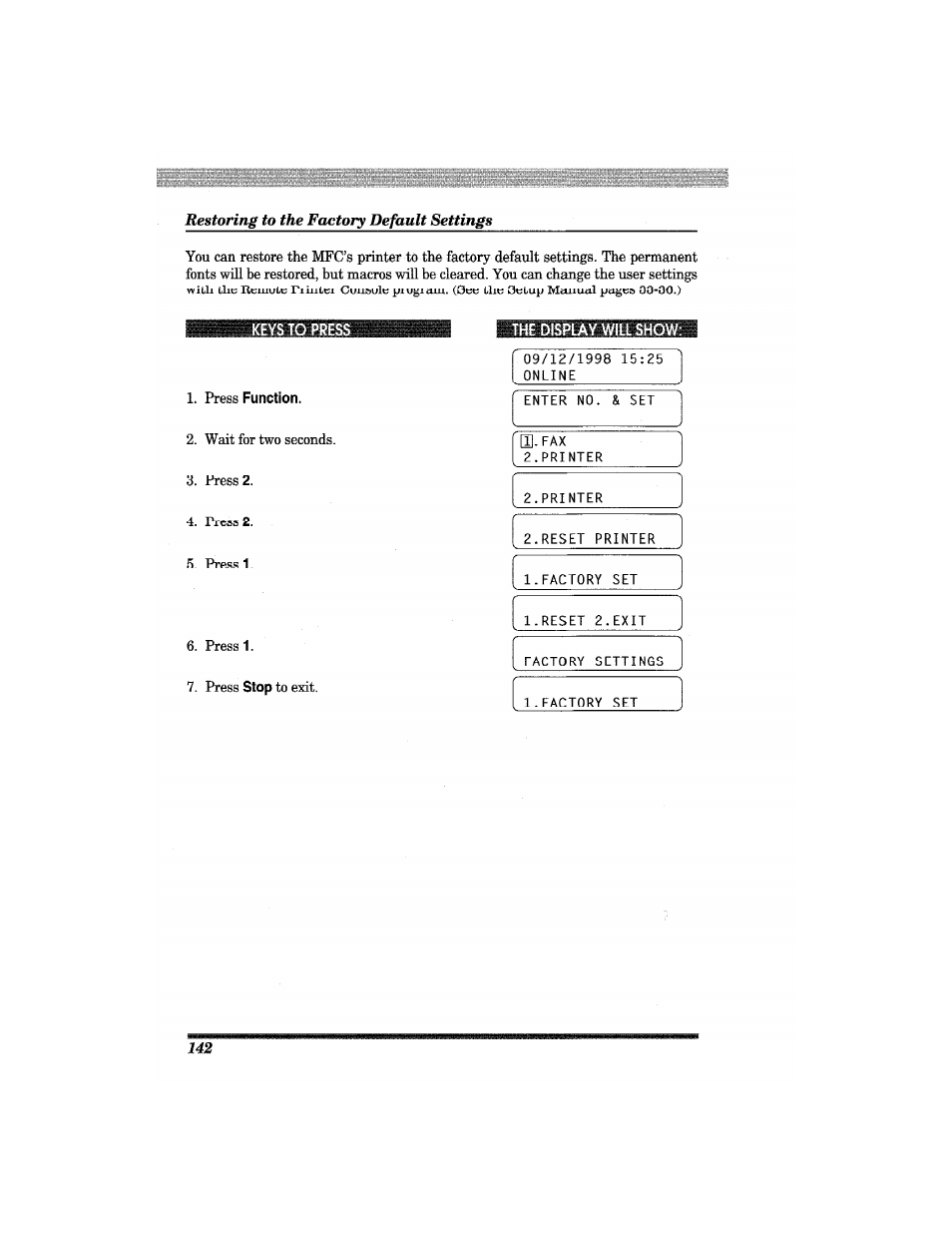 Restoring to the factory default settings, The display will show | Brother MFC7650MC User Manual | Page 154 / 226