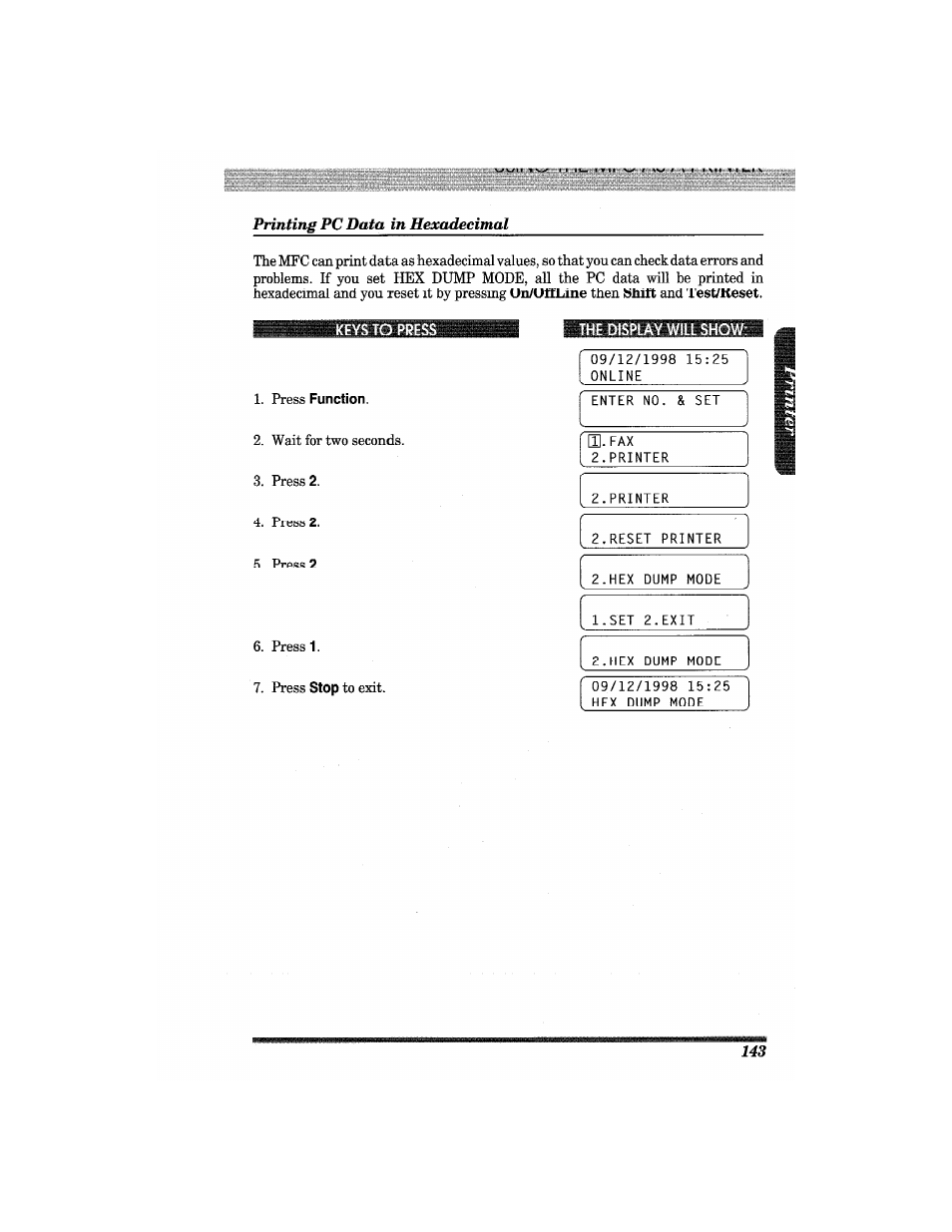 Printing pc data in hexadecimal, The display will show | Brother MFC7650MC User Manual | Page 155 / 226