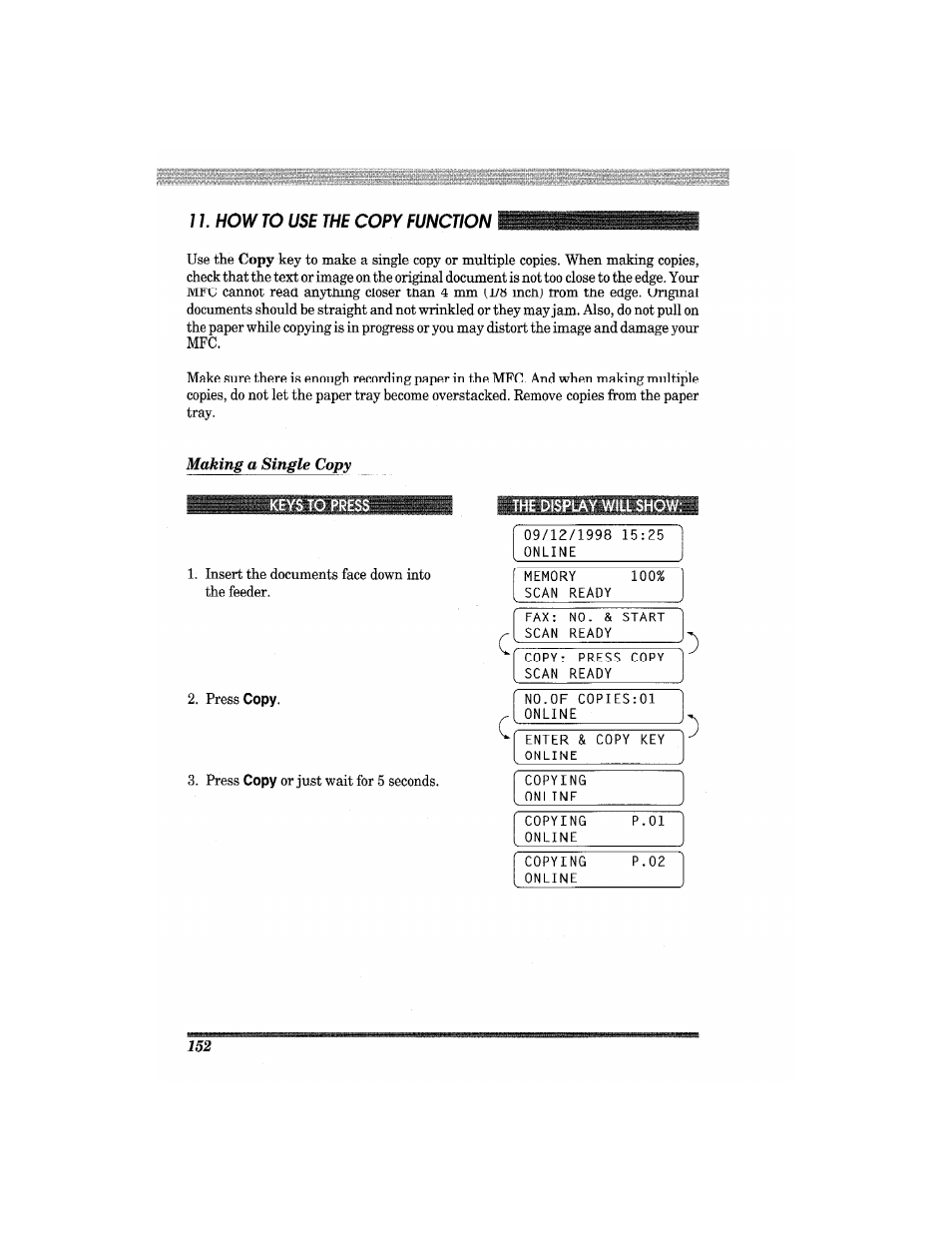 Making a single copy, The display will show | Brother MFC7650MC User Manual | Page 164 / 226