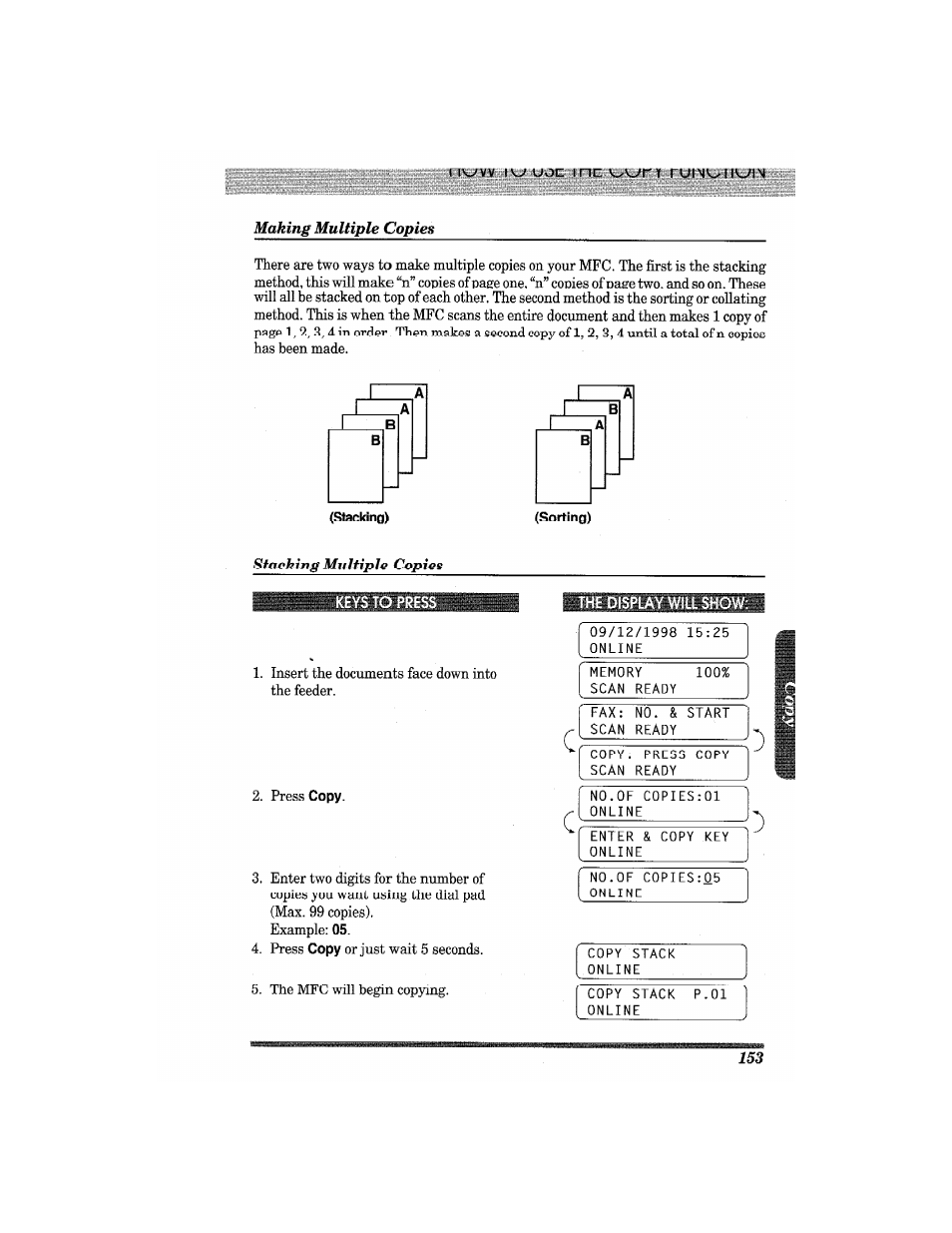 Making multiple copies, The display will show | Brother MFC7650MC User Manual | Page 165 / 226