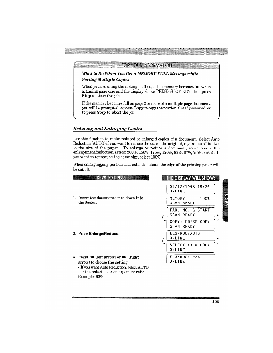 Keys to press, Press enlarge/reduce, Splay | Stop | Brother MFC7650MC User Manual | Page 167 / 226