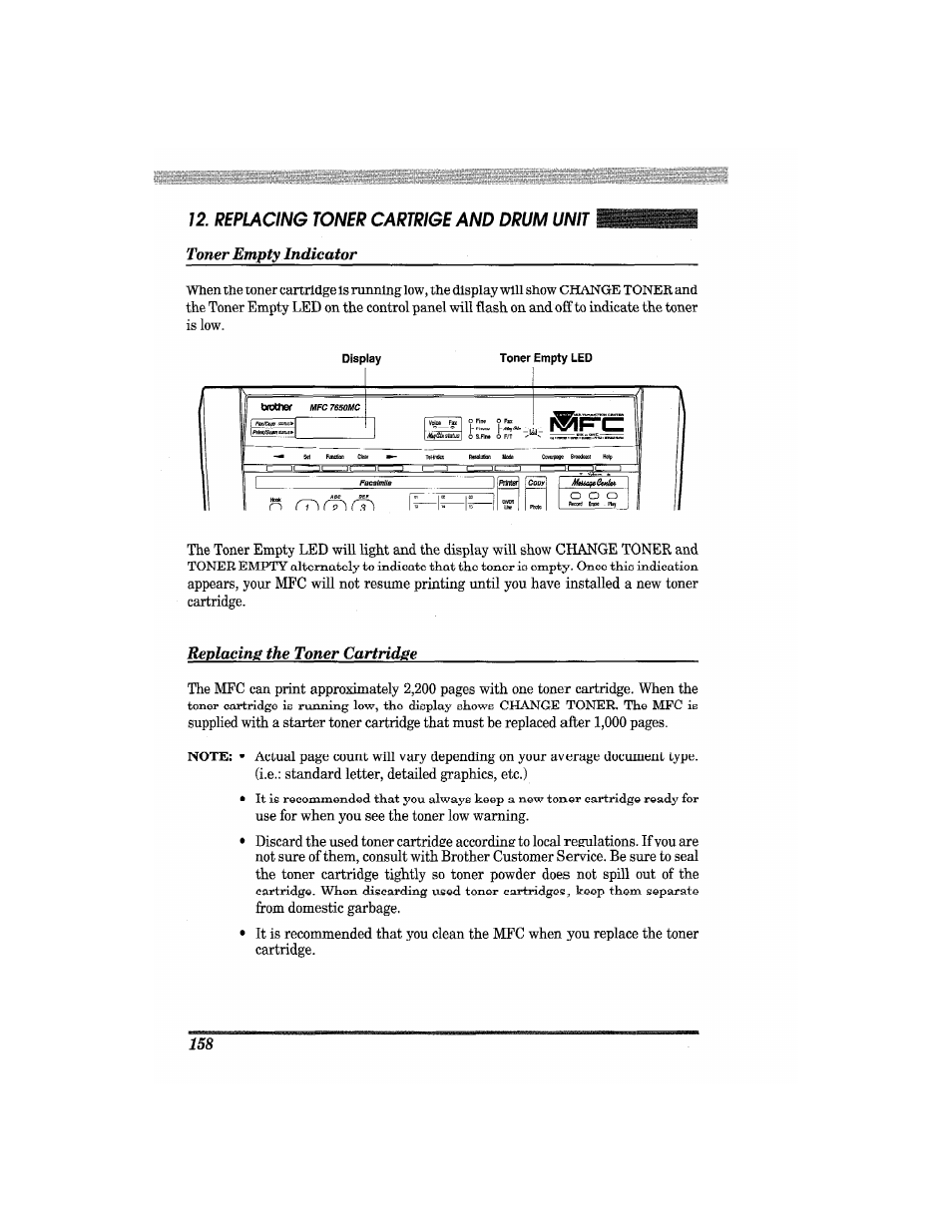 Replacing the toner cartridge, Toner empty indicator, Г т ) г г ) п г ) | Brother MFC7650MC User Manual | Page 170 / 226