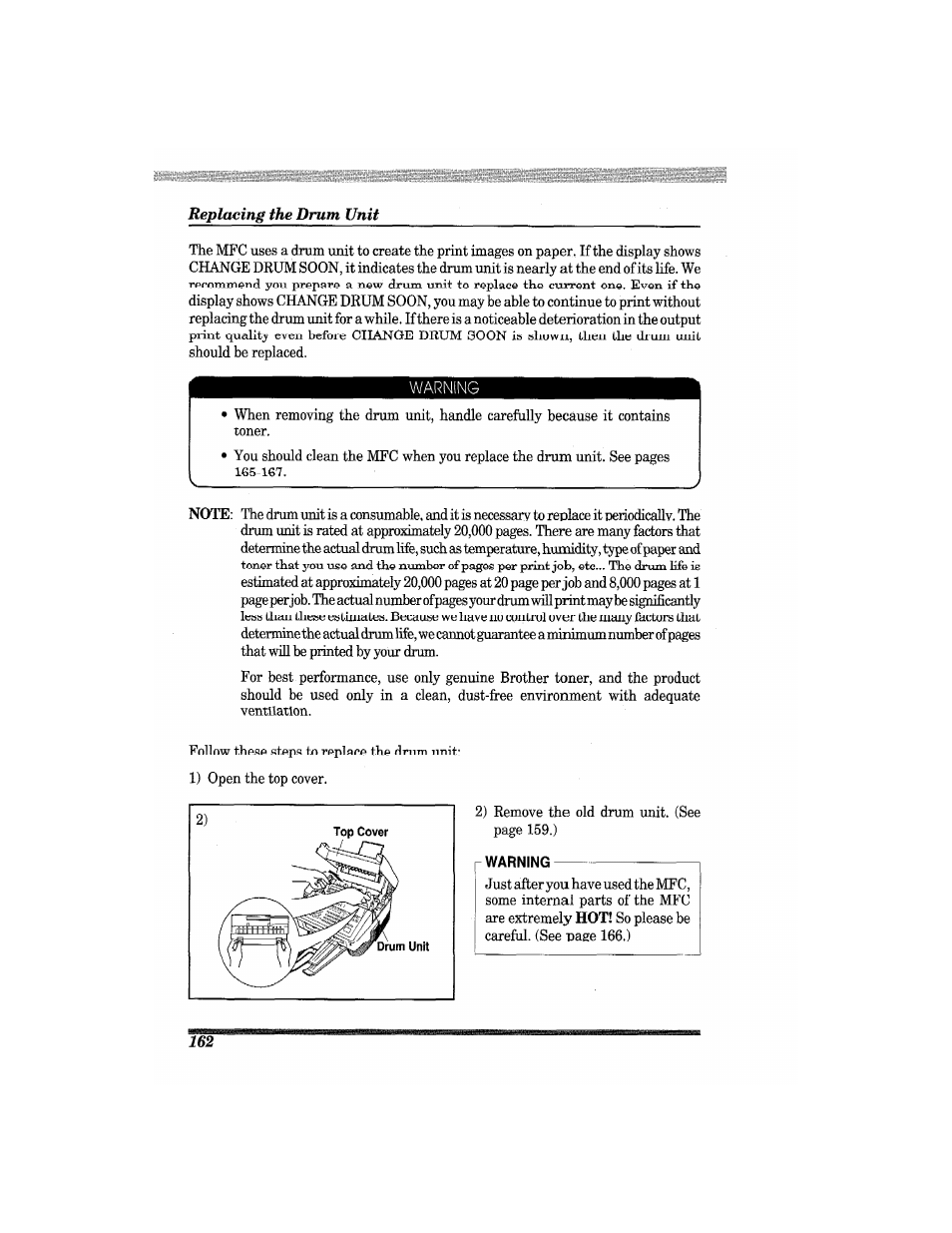 Replacing the drum unit, Warning | Brother MFC7650MC User Manual | Page 174 / 226