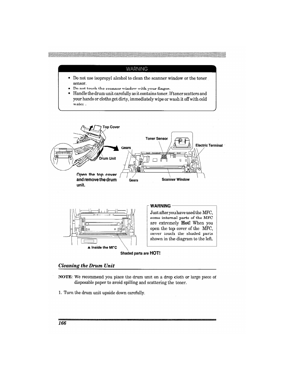Warning, Cleaning the drum unit | Brother MFC7650MC User Manual | Page 178 / 226